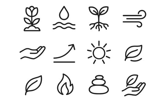 Natural Growth Icons. Natural Growth & Care linear icon set: blooming flower, warm soil icon, gentle rain droplet, seedling roots, soft breeze lines, nurturing hand, growth curve