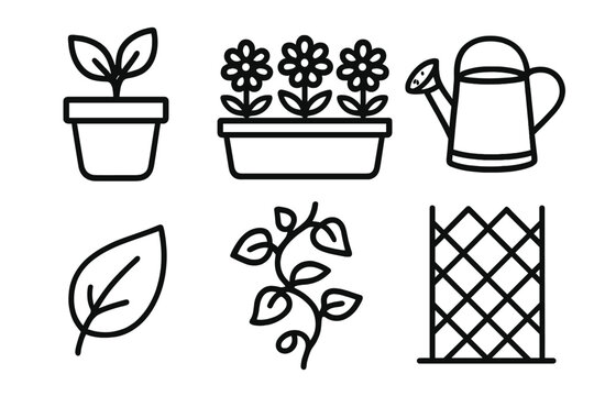 Garden Icon Set. Garden Touches linear icon set. potted plant, flower box, watering can, vine, leaf, trellis