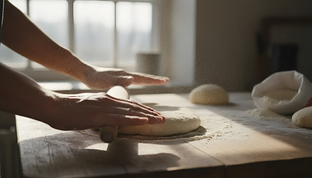 Hands expertly roll dough on a wooden surface, dusted with flour, in a bright kitchen, perfect for culinary blogs or cooking magazines.