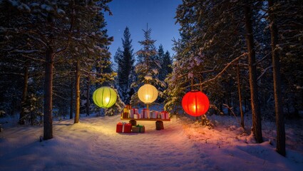 Snowy forest with glowing lanterns and gifts winter