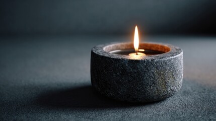 A small, minimalist advent candle holder made of smooth gray stone, with one candle burning down low,