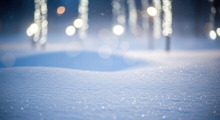 Snowy ground with blurred festive lights in background