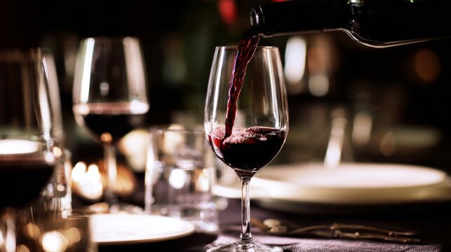 chardonnay. Red wine elegantly poured into a crystal glass in a sophisticated dining setting. bar promotions, beverage menus, designed for product packaging and bar promotions.
