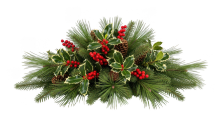 Festive christmas centerpiece with holly, pine, and red berries isolated on transparent background