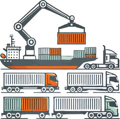 Obraz premium Illustration of a cargo ship, container trucks, and crane representing global shipping