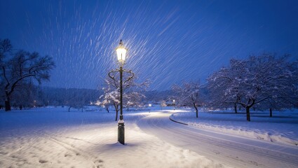 Snowy park path with vintage lamppost at night winter