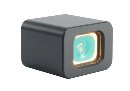 Modern dark gray cube with glowing turquoise light isolated on transparent background - Powered by Adobe