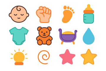 Newborn Essentials Icons. Newborn Pack flat icon set: newborn face, tiny fist, little footprint, bottle icon, soft onesie, plush toy, cradle shape, gentle droplet, warm glow, curl