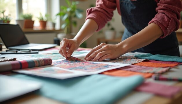 Woman works with fabric samples. Garment designer chooses textile pattern near laptop in studio. Dressmaker creates new cloth collection, cuts material in her own atelier using tailoring tools.