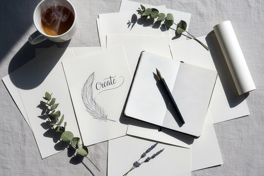 Creative flat lay with a notebook for sketching and the word 'Create' in calligraphy.