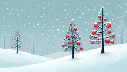 Snowy winter landscape with decorated Christmas trees