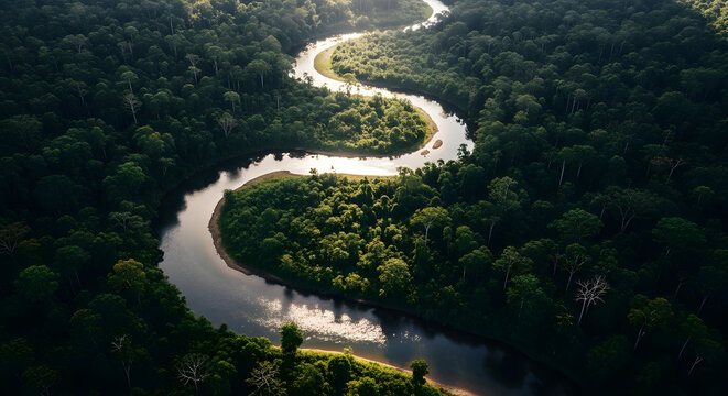 Aerial view of a winding river through a dense green forest with sunlight reflecting on the water surface