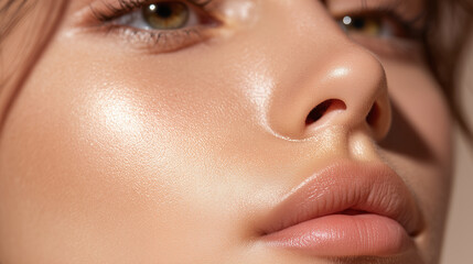 Fototapeta premium Close up of glowing nose bridge illuminated by soft golden light, smooth skin texture, natural makeup, healthy complexion, youthful feminine face, serene expression