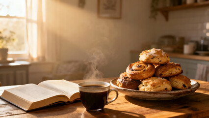 A warm scene with coffee and pastries, ideal for breakfast inspiration or cozy home settings.