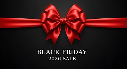 Elegant red ribbon and bow announcing the Black Friday 2026 sale on a sleek black background, perfect for holiday promotions and marketing campaigns