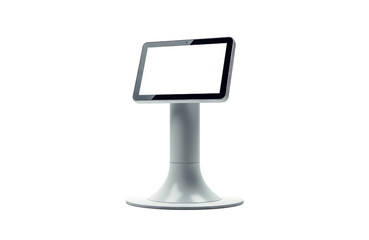 Modern digital touchscreen kiosk display mounted on a pedestal stand with a blank white screen, isolated on transparent background for retail or information point use