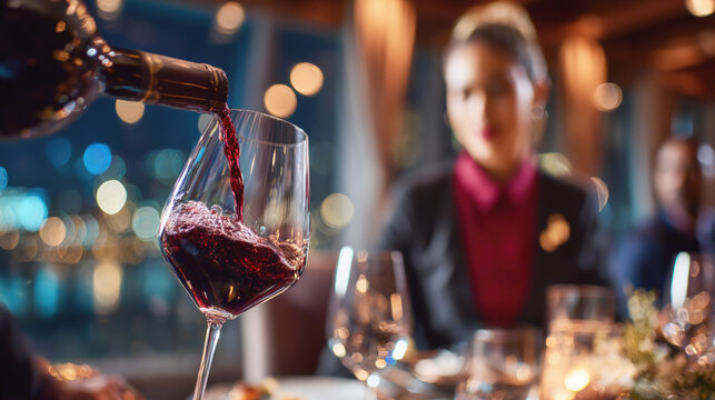 Elegant red wine being poured into a crystal glass in a sophisticated dinner setting, capturing a moment of refined indulgence. Selective focus.
