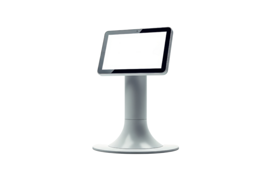 Modern digital touchscreen kiosk display mounted on a pedestal stand with a blank white screen, isolated on transparent background for retail or information point use