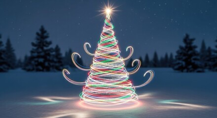 Spiral Christmas Tree Lights in Snowy Forest Night