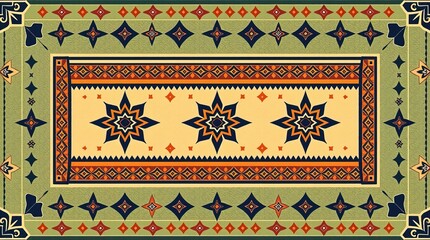 Decorative patterned rug with intricate geometric designs and vibrant colors