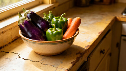 A rustic kitchen scene with a bowl of fresh eggplants, green peppers, and carrots, perfect for home cooking or food photography.