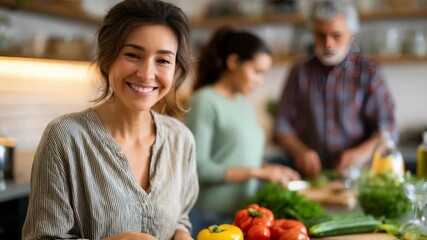 Cheerful woman enjoys cooking with her family in a bright kitchen, surrounded by colorful vegetables and natural light. The scene highlights wellness, bonding, and home cooking trends