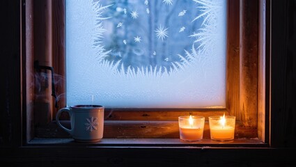 Steaming mug and candles on windowsill with frosted window