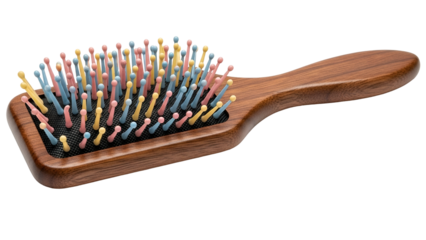 Wooden hairbrush with colorful pins, black cushion, set against a black background