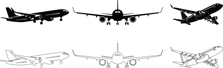 Passenger airplane illustrations shown in both black silhouette and line art outline styles from various angles including landing takeoff and front view