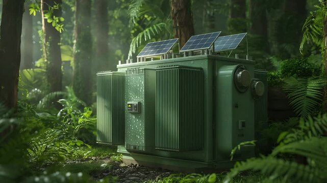 Cinematic Video of Eco-Friendly Electrical Transformer with Solar Panels in Lush Green Forest