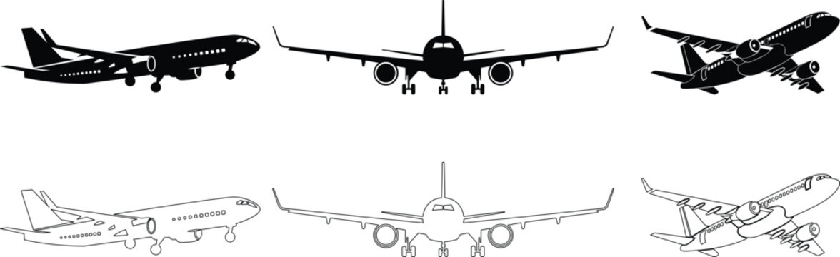 Passenger airplane illustrations shown in both black silhouette and line art outline styles from various angles including landing takeoff and front view