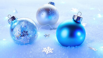 Three blue and white Christmas ornaments with snowflakes in snow