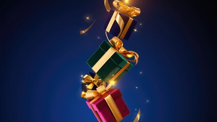 Three colorful gift boxes with gold ribbon floating