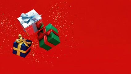 Three colorful gift boxes with ribbons floating on red background