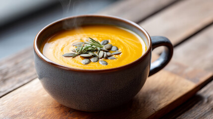 Warm pumpkin soup in ceramic bowl with rising steam and pumpkin seeds on rustic table