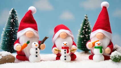 Three gnomes building snowmen in a winter forest snowman