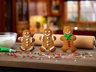 Three gingerbread men cookies with icing and sprinkles