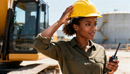 African American female engineer with a hard hat and walkie-talkie at a construction site. Portrait of a confident industrial worker. Women in STEM and leadership concept