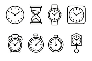 Outline Timekeeping Icons. Timekeeping elements linear icon set: clock face, hourglass, wristwatch, wall clock, alarm clock, stopwatch, timer dial, pendulum