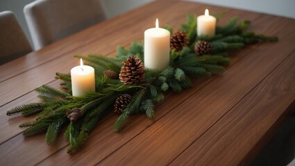 Three lit white candles on a pine garland with pinecones