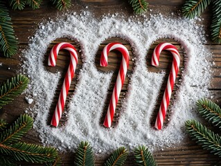 Three Red White Striped Candy Canes in Snow and Pine Needles
