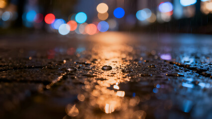 Detailed view of a wet street showcasing vibrant reflections of lights and raindrops, ideal for artistic photography or ambiance settings.