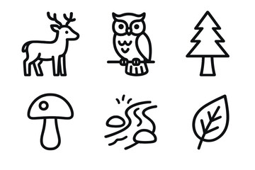 Fototapeta premium Forest Icons Outline. Forest Life linear icon set. deer, owl, pine tree, mushroom, stream, leaf