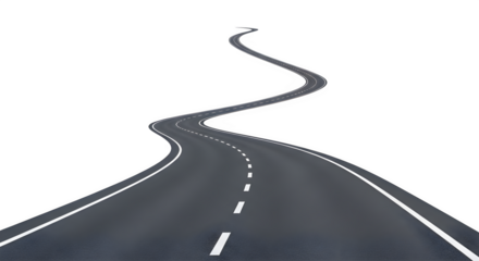 Winding asphalt road with white markings, curving into the distance, isolated on transparent background