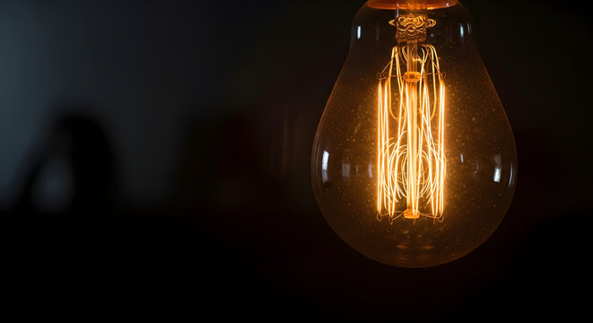 Close up shot of a vintage style light bulb with glowing filaments against a dark background setting
