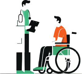 A doctor talking with a patient sitting on a wheelchair
