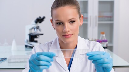 Cell biologist examining microscope slides in a bright modern laboratory