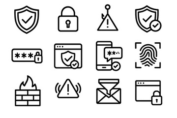 Internet Safety Icons. Safe Internet Practices linear icon set. security shield, privacy lock, phishing alert, antivirus check, secure password, trusted website badge, two-step