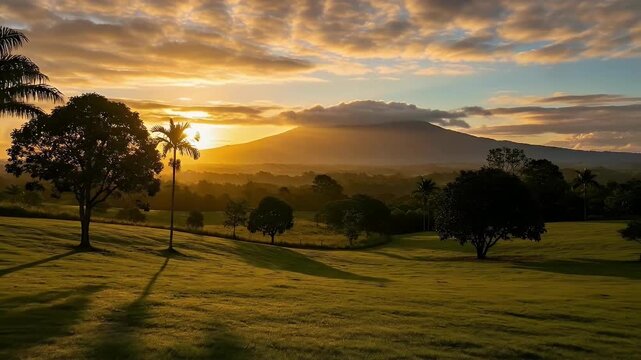 A breathtaking sunrise or sunset bathes a magnificent tropical landscape in a warm, golden glow. The low sun peeks from behind a majestic mountain, casting dramatic long shadows across lush, verdant h