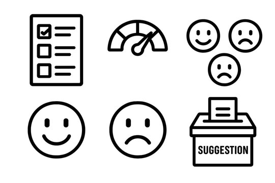 Feedback Survey Icons. Customer Feedback linear icon set. survey sheet, satisfaction meter, happy face, neutral face, sad face, suggestion box.
